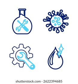 Set line Clean water drop, Wrench and gear, Bacteria and Bioengineering service icon. Vector