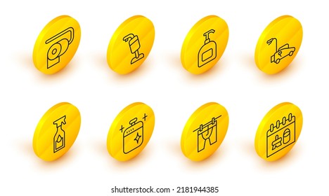 Set line Cleaning calendar, Drying clothes, cooking pot, spray bottle, Lawn mower, Bottle of liquid soap, Vacuum cleaner and Toilet paper roll icon. Vector