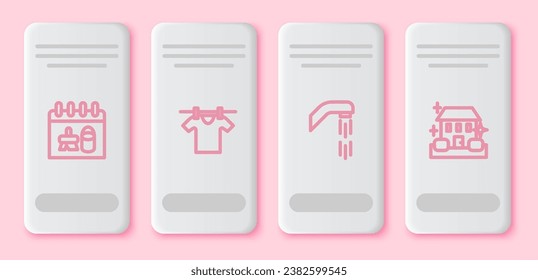 Set line Cleaning calendar, Drying clothes, Shower head and Home cleaning service. White rectangle button. Vector