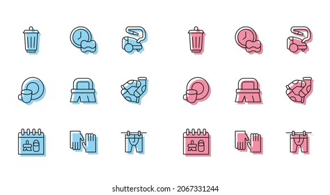Set line Cleaning calendar, Rubber gloves, Trash can, Drying clothes, Brush for cleaning, Socks, Washing dishes and  icon. Vector