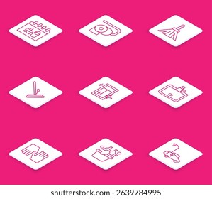 Set line Cleaning calendar, Toilet paper roll, Handle broom, Mop, service for window, Washbasin, Rubber gloves and Basin with soap suds icon. Vector