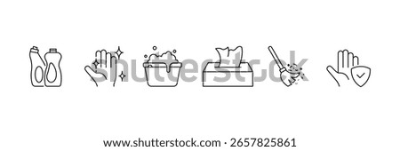 Set of line cleaning icon collection. Washing, Washing floors, windows, dishes, clothes symbol.
