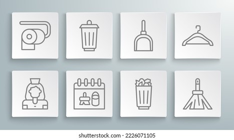 Fijar línea Servicio de señora de limpieza, lata de basura, calendario, basura completa, escoba de mango, Dustpan, guardarropa de percha y icono de rollo de papel de inodoro. Vector