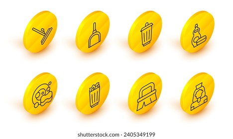 Set line Cleaning lady service, Brush for cleaning, Full trash can, Washing dishes, Dishwashing liquid bottle, Trash, Dustpan and Mop icon. Vector