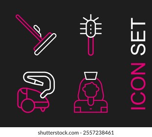 Set line Cleaning lady service, Vacuum cleaner, Toilet brush and Mop icon. Vector