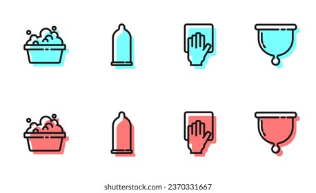 Wäscheservice, Waschbecken mit Seifenlaugen, Kondom und Menstruationstasse. Vektorgrafik
