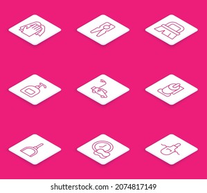 Wäscheservice, Wäscheservice, Reinigungsposten, Flasche Flüssigseife, Rasenmäher, Toilettenpapier-Rolle, Pfanne und Waschschüsseln. Vektorgrafik