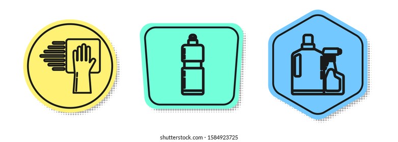 Set line Cleaning service , Plastic bottles for liquid dishwashing liquid and Plastic bottles for liquid dishwashing liquid. Colored shapes. Vector