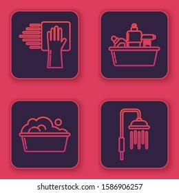Set line Cleaning service , Plastic basin with soap suds , Plastic bottles for liquid dishwashing liquid and Shower head with water drops flowing . Blue square button. Vector
