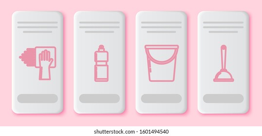 Set line Cleaning service , Plastic bottles for liquid dishwashing liquid, Bucket  and Toilet plunger. White rectangle button. Vector