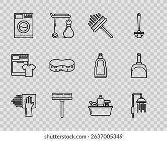 Set line Cleaning service, Shower head with water drops flowing, Squeegee, scraper, wiper, Washer, Sponge, Plastic bottles for liquid dishwashing liquid and Dustpan icon. Vector
