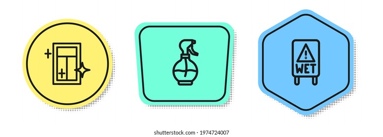 Set line Cleaning service for window, Water spray bottle and Wet floor. Colored shapes. Vector