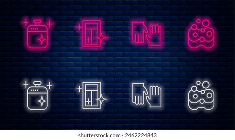 Set line Cleaning service for window, Rubber gloves, cooking pot and Sponge. Glowing neon icon on brick wall. Vector