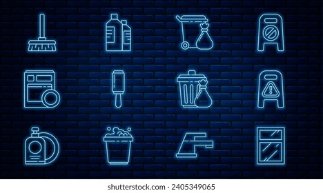 Set line Cleaning service for windows, Wet floor and cleaning progress, Trash can garbage bag, Adhesive roller, Kitchen dishwasher machine, Handle broom,  and Bottles agent icon. Vector