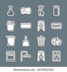 Set line Cleaning service for windows, Washing dishes, Bar of soap, Spray bottle with detergent liquid, Sponge bubbles, Bucket suds, Garbage bag and Wet floor and cleaning progress icon. Vector