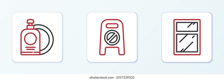 Set line Cleaning service for windows, Dishwashing liquid bottle and plate and Wet floor cleaning progress icon. Vector