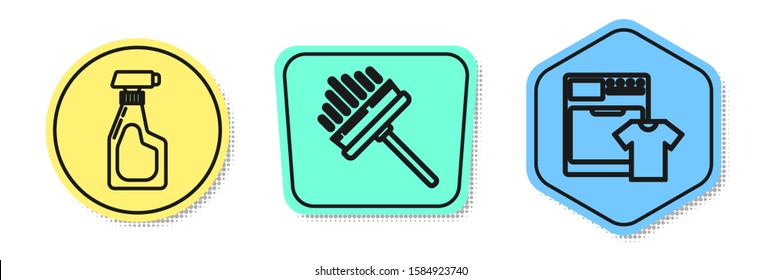 Set line Cleaning spray bottle with detergent liquid , Squeegee, scraper, wiper and Washer and t-shirt . Colored shapes. Vector