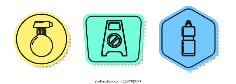 Set line Cleaning spray bottle with detergent liquid , Wet floor and cleaning in progress  and Plastic bottles for liquid dishwashing liquid. Colored shapes. Vector