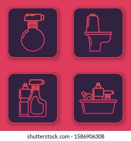 Set line Cleaning spray bottle with detergent liquid , Plastic bottles for liquid dishwashing liquid, Toilet bowl. Blue square button. Vector
