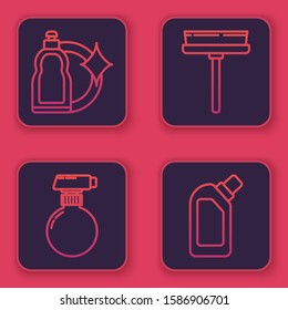 Set line Cleaning spray bottle with detergent liquid , Squeegee, scraper, wiper and Plastic bottles for liquid dishwashing liquid. Blue square button. Vector