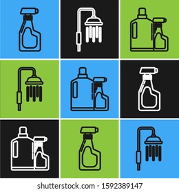 Set line Cleaning spray bottle with detergent liquid , Plastic bottles for liquid dishwashing liquid and Shower head with water drops flowing  icon. Vector
