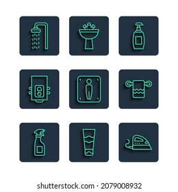 Fijar línea Botella de pulverización de limpieza, Tubo de dentífrico, Hierro eléctrico, Jabón líquido de botella, Retrete masculino, Caldera de gas, Icono de colgador de ducha y toalla. Vector