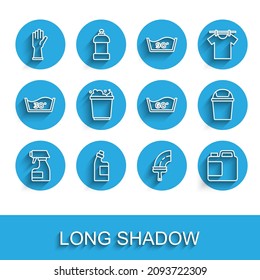 Set line Cleaning spray bottle, Bottle for cleaning agent, Rubber gloves, cleaner windows, Bucket with foam, Trash can and Temperature wash icon. Vector