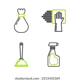 Set line Cleaning spray bottle with detergent liquid, Toilet plunger, service and Garbage bag icon. Vector