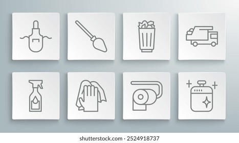 Set line Cleaning spray bottle, Handle broom, service, Toilet paper roll, cooking pot, Full trash can, Garbage truck and Kitchen apron icon. Vector