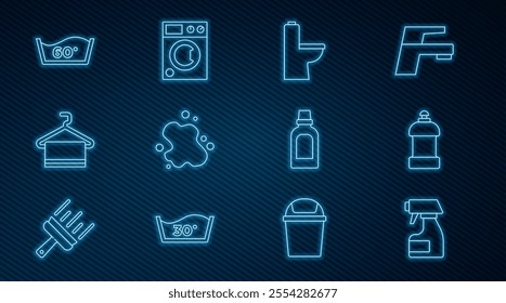 Set line Cleaning spray bottle, Bottle for cleaning agent, Toilet bowl, Water spill, Towel on hanger, Temperature wash,  and Washer icon. Vector