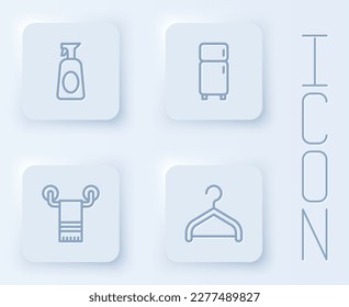 Set line Cleaning spray with detergent, Refrigerator, Towel on hanger and Hanger wardrobe. White square button. Vector