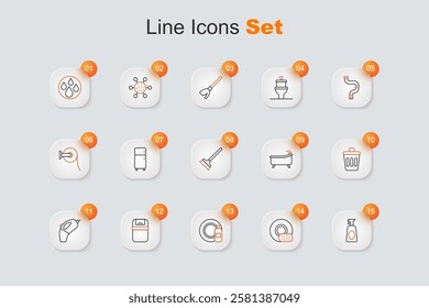 Set line Cleaning spray with detergent, Washing dishes, Dishwashing bottle and plate, Trash can, Portable vacuum cleaner, Bathtub and Mop icon. Vector