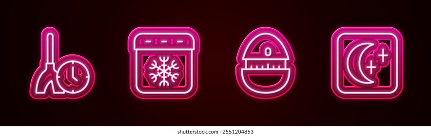 Set line Cleaning time, Calendar winter, Kitchen timer and Moon and stars. Glowing neon icon. Vector