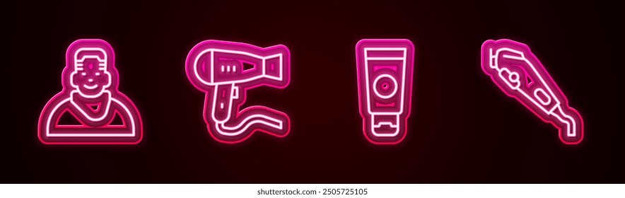 Set line Client in barbershop, Hair dryer, Cream cosmetic tube and Electrical hair clipper. Glowing neon icon. Vector