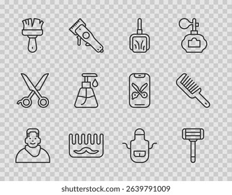Set line Client in barbershop, Shaving razor, Dustpan, Hairbrush, Cream cosmetic tube, Barber apron and  icon. Vector