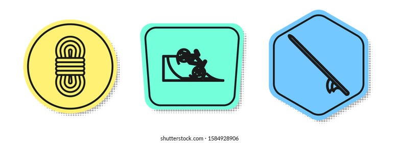 Set line Climber rope, Bicycle on street ramp and Surfboard. Colored shapes. Vector