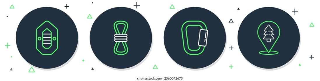 Set line Climber rope, Carabiner, Rafting boat and Location of the forest icon. Vector