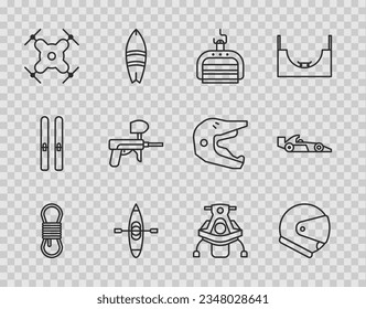 Set line Climber rope, Helmet, Ski lift, Kayak or canoe, Drone flying, Paintball gun, Snowmobile and Formula 1 racing car icon. Vector