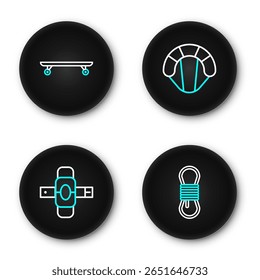 Definir linha Corda de escalador, Joelheiras, Paraquedas e Longboard ou ícone de skate. Vetor