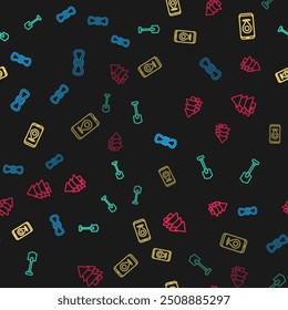 Set line Climber rope, Shovel, City map navigation and Tree on seamless pattern. Vector