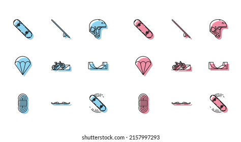 Set line Climber rope, Snowboard, Skateboard trick, Bicycle on street ramp, park, Parachute and Surfboard icon. Vector