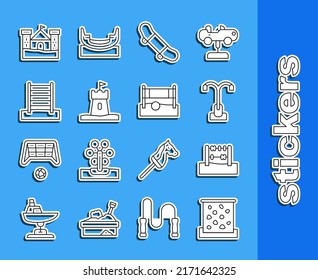 Set Line Climbing Wall, Abacus, Street Light, Skateboard Trick, Sand Tower, Swedish, Castle And Volleyball Net With Ball Icon. Vector