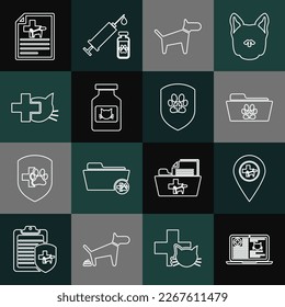 Set line Clinical record Katze auf Laptop, Location Veterinary, Medizinische Ordner, Hund, Katze Medizin Flasche, Veterinary Clinic, Zertifikat für Hund und Tiergesundheit Versicherung Symbol. Vektorgrafik