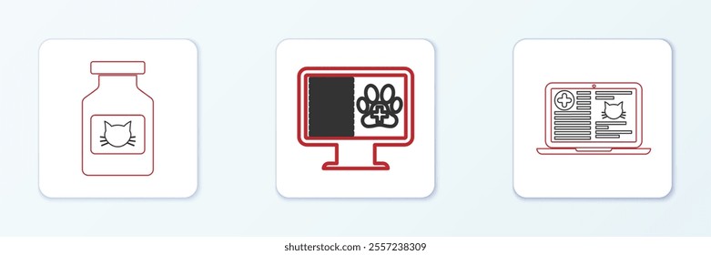 Set line Clinical record cat on laptop, Cat medicine bottle and pet monitor icon. Vector