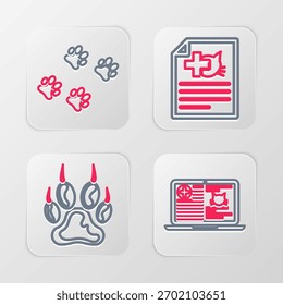 Fije el gato del registro clínico en el ordenador portátil, impresión de la pata, certificado médico para el perro y el icono. Vector