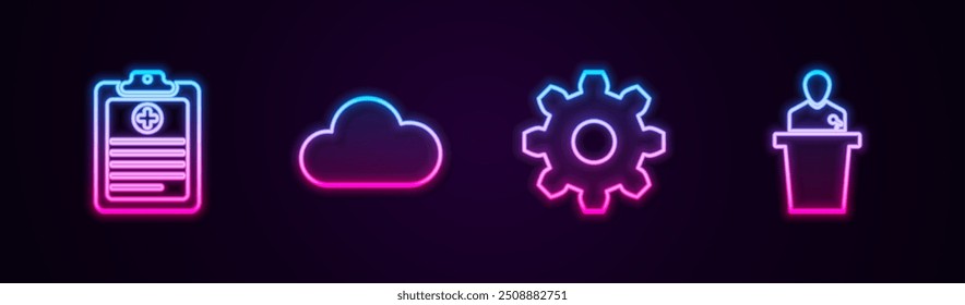 Definir linha Registro clínico, Nuvem, configurações de engrenagens Cogwheel e Alto-falante. Ícone de néon brilhante. Vetor