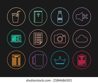 Set line Clinical record, Cloud, Glass bottle milk and cap, Document, Medical clinical, with water, Photo camera and Holy bible book icon. Vector