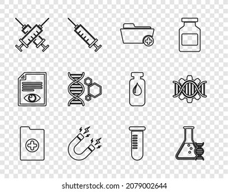 Set line Clinical record, DNA research, search, Health folder, Magnet with lightning, Crossed syringe, Genetic engineering, Test tube flask and  icon. Vector