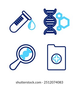 Set-line Klinische Aufzeichnung, DNA-Forschung, Suche, Gentechnik und Teströhre mit Tropfen Blut-Ikone. Vektorgrafik