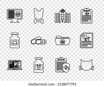 Set line Clinical record dog on laptop, Cat, Veterinary medicine hospital, Dog bottle, pet monitor, and pills,  and Medical certificate for cat icon. Vector